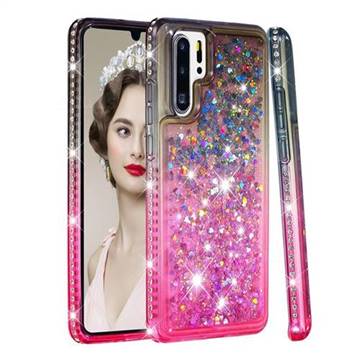 Diamond Frame Liquid Glitter Quicksand Sequins Phone Case for Huawei P30 Pro - Gray Pink