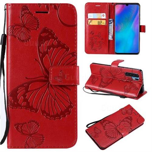 Embossing 3D Butterfly Leather Wallet Case for Huawei P30 Pro - Red