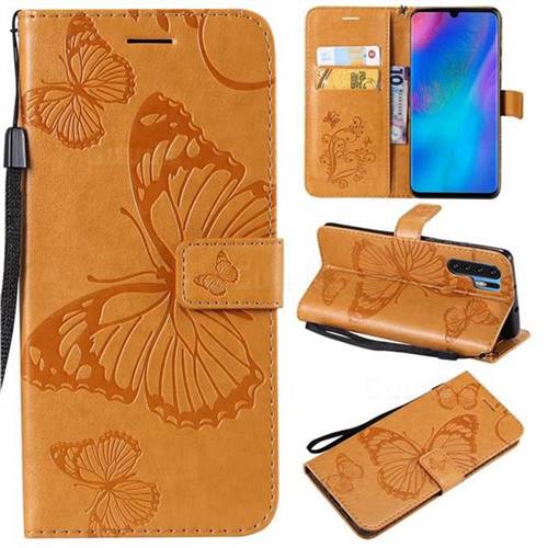 Embossing 3D Butterfly Leather Wallet Case for Huawei P30 Pro - Yellow