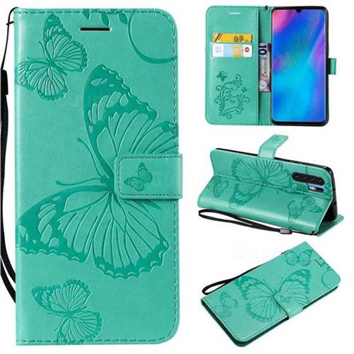 Embossing 3D Butterfly Leather Wallet Case for Huawei P30 Pro - Green