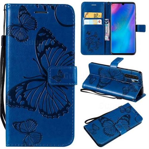 Embossing 3D Butterfly Leather Wallet Case for Huawei P30 Pro - Blue