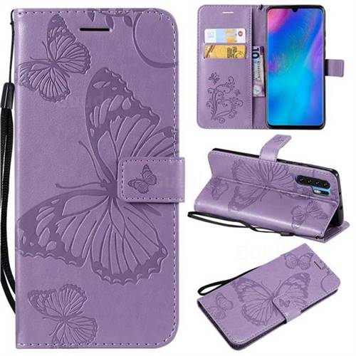 Embossing 3D Butterfly Leather Wallet Case for Huawei P30 Pro - Purple
