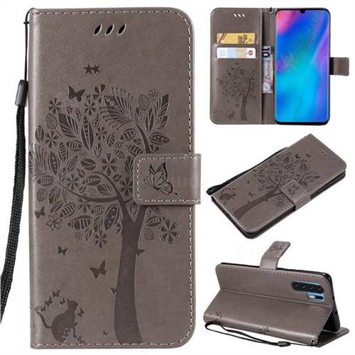 Embossing Butterfly Tree Leather Wallet Case for Huawei P30 Pro - Grey