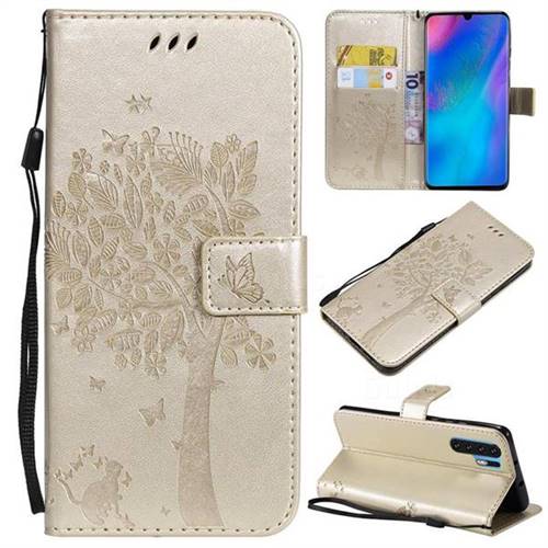 Embossing Butterfly Tree Leather Wallet Case for Huawei P30 Pro - Champagne