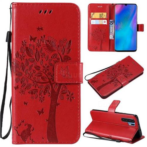 Embossing Butterfly Tree Leather Wallet Case for Huawei P30 Pro - Red