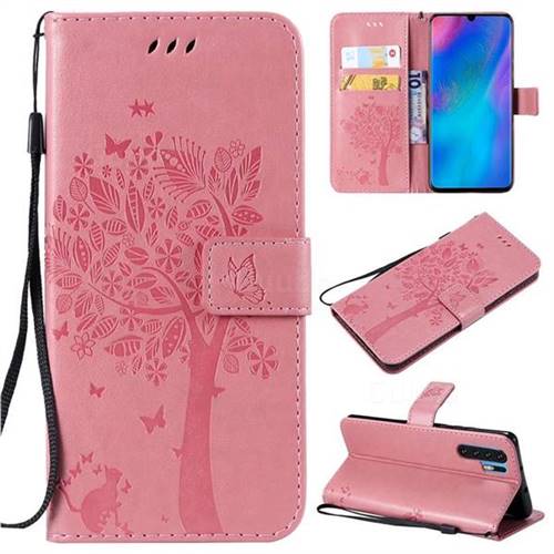 Embossing Butterfly Tree Leather Wallet Case for Huawei P30 Pro - Pink