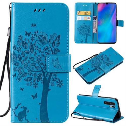 Embossing Butterfly Tree Leather Wallet Case for Huawei P30 Pro - Blue