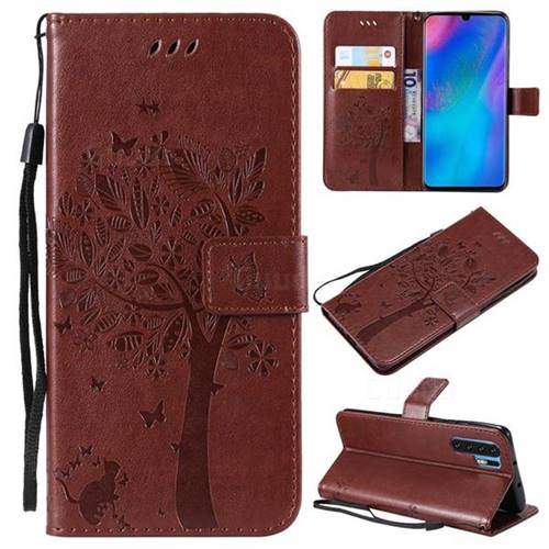 Embossing Butterfly Tree Leather Wallet Case for Huawei P30 Pro - Coffee