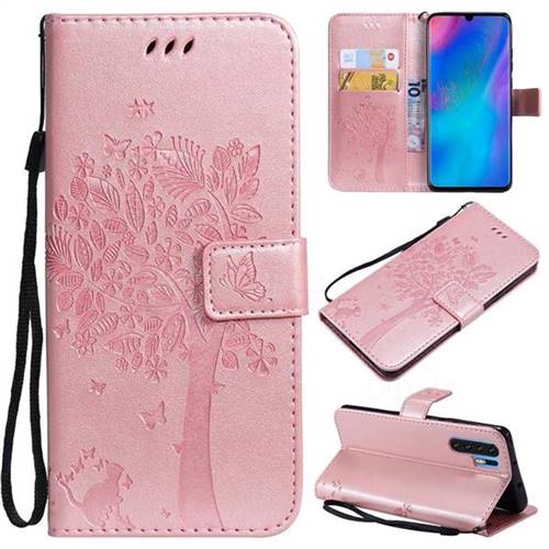 Embossing Butterfly Tree Leather Wallet Case for Huawei P30 Pro - Rose Pink