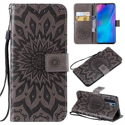 Embossing Sunflower Leather Wallet Case for Huawei P30 Pro - Gray