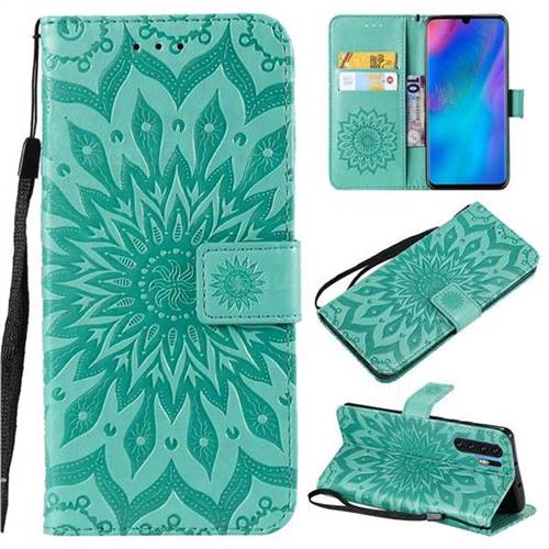 Embossing Sunflower Leather Wallet Case for Huawei P30 Pro - Green