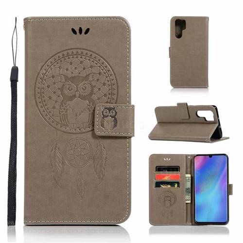Intricate Embossing Owl Campanula Leather Wallet Case for Huawei P30 Pro - Grey