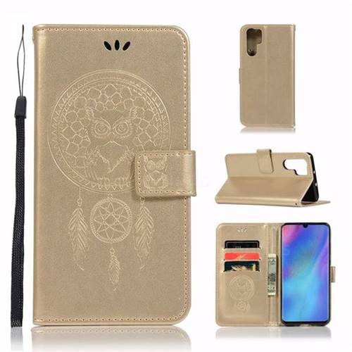 Intricate Embossing Owl Campanula Leather Wallet Case for Huawei P30 Pro - Champagne