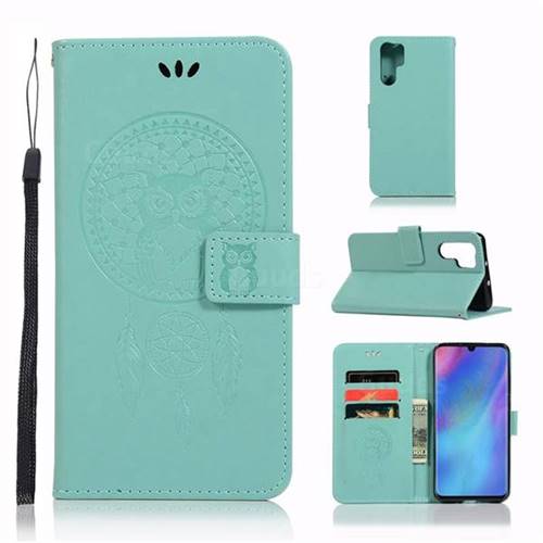 Intricate Embossing Owl Campanula Leather Wallet Case for Huawei P30 Pro - Green