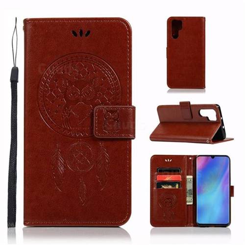Intricate Embossing Owl Campanula Leather Wallet Case for Huawei P30 Pro - Brown