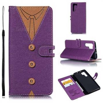 Mens Button Clothing Style Leather Wallet Phone Case for Huawei P30 Pro - Purple