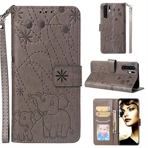 Embossing Fireworks Elephant Leather Wallet Case for Huawei P30 Pro - Gray