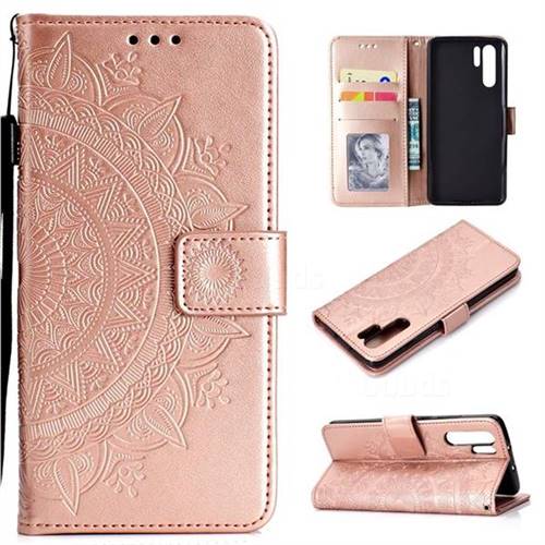 Intricate Embossing Datura Leather Wallet Case for Huawei P30 Pro - Rose Gold