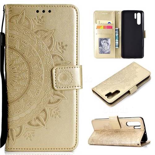 Intricate Embossing Datura Leather Wallet Case for Huawei P30 Pro - Golden