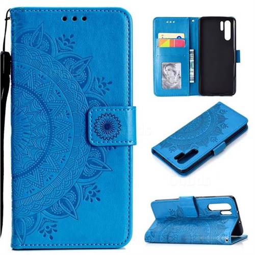 Intricate Embossing Datura Leather Wallet Case for Huawei P30 Pro - Blue