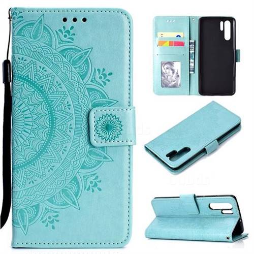 Intricate Embossing Datura Leather Wallet Case for Huawei P30 Pro - Mint Green