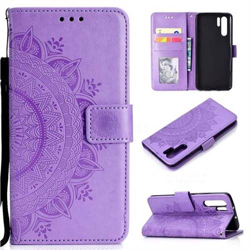 Intricate Embossing Datura Leather Wallet Case for Huawei P30 Pro - Purple