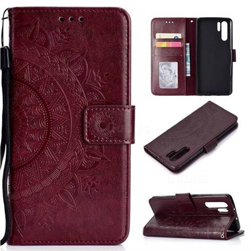 Intricate Embossing Datura Leather Wallet Case for Huawei P30 Pro - Brown