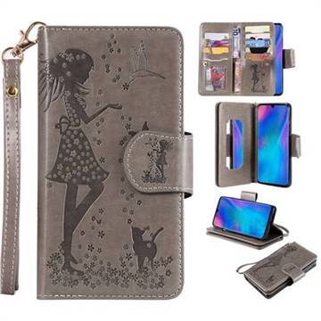 Embossing Cat Girl 9 Card Leather Wallet Case for Huawei P30 Pro - Gray
