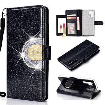 Glitter Diamond Buckle Splice Mirror Leather Wallet Phone Case for Huawei P30 Pro - Black