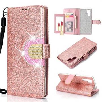 Glitter Diamond Buckle Splice Mirror Leather Wallet Phone Case for Huawei P30 Pro - Rose Gold