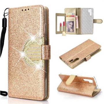 Glitter Diamond Buckle Splice Mirror Leather Wallet Phone Case for Huawei P30 Pro - Golden