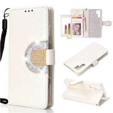 Glitter Diamond Buckle Splice Mirror Leather Wallet Phone Case for Huawei P30 Pro - White