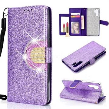 Glitter Diamond Buckle Splice Mirror Leather Wallet Phone Case for Huawei P30 Pro - Purple