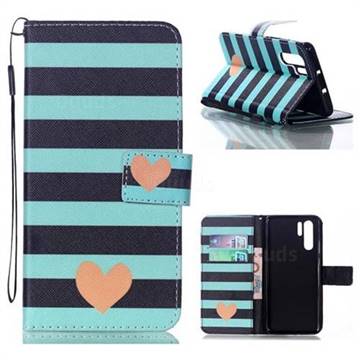 Blue Stripe Heart Leather Wallet Phone Case for Huawei P30 Pro