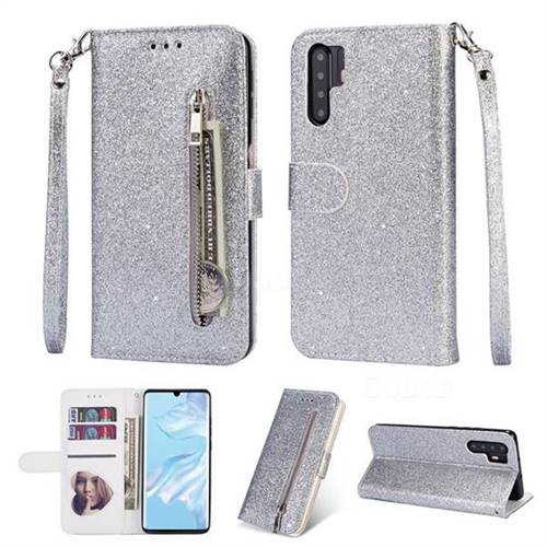 Glitter Shine Leather Zipper Wallet Phone Case for Huawei P30 Pro - Silver