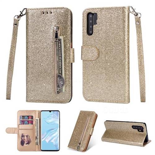 Glitter Shine Leather Zipper Wallet Phone Case for Huawei P30 Pro - Gold
