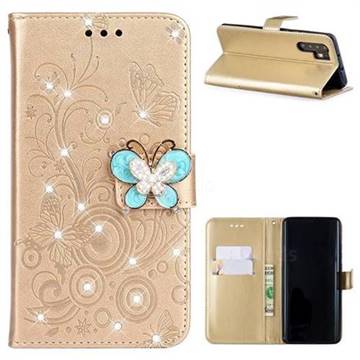 Embossing Butterfly Circle Rhinestone Leather Wallet Case for Huawei P30 Pro - Champagne
