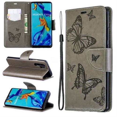 Embossing Double Butterfly Leather Wallet Case for Huawei P30 Pro - Gray