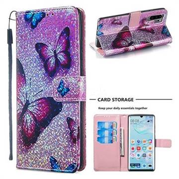 Blue Butterfly Sequins Painted Leather Wallet Case for Huawei P30 Pro
