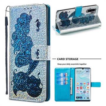 Mermaid Seahorse Sequins Painted Leather Wallet Case for Huawei P30 Pro