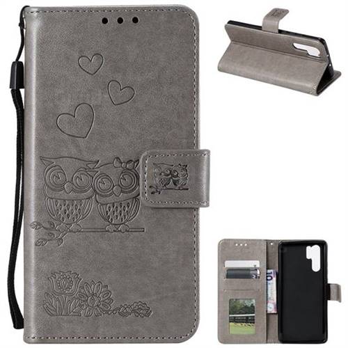 Embossing Owl Couple Flower Leather Wallet Case for Huawei P30 Pro - Gray