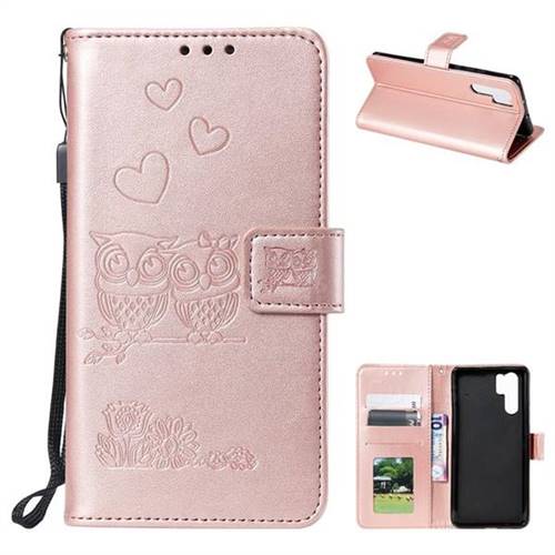 Embossing Owl Couple Flower Leather Wallet Case for Huawei P30 Pro - Rose Gold