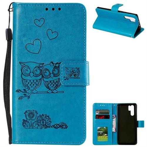 Embossing Owl Couple Flower Leather Wallet Case for Huawei P30 Pro - Blue