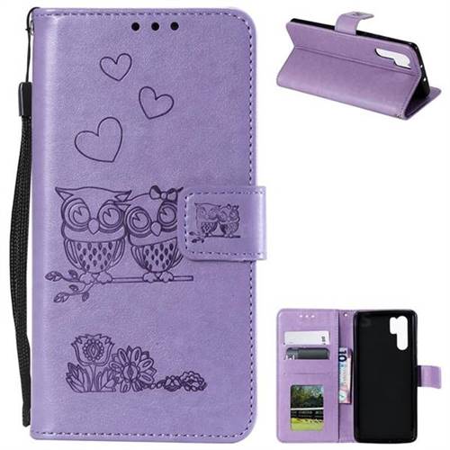 Embossing Owl Couple Flower Leather Wallet Case for Huawei P30 Pro - Purple