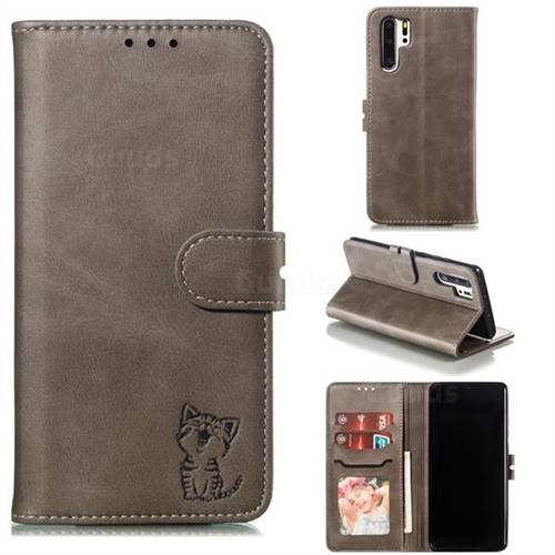Embossing Happy Cat Leather Wallet Case for Huawei P30 Pro - Gray