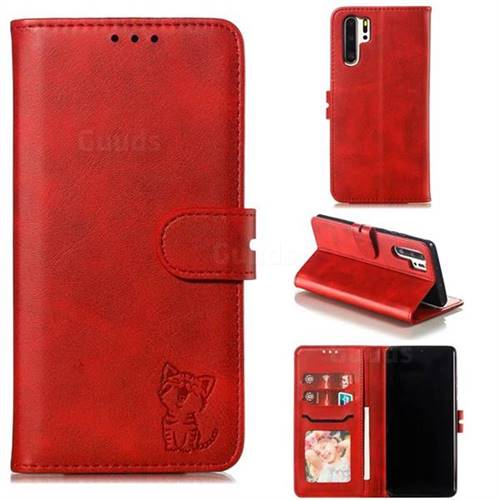 Embossing Happy Cat Leather Wallet Case for Huawei P30 Pro - Red