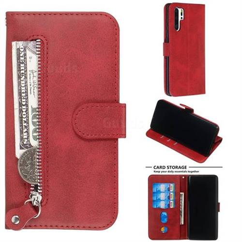 Retro Luxury Zipper Leather Phone Wallet Case for Huawei P30 Pro - Red