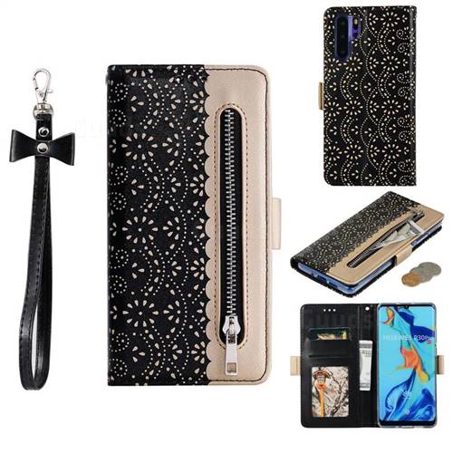 Luxury Lace Zipper Stitching Leather Phone Wallet Case for Huawei P30 Pro - Black