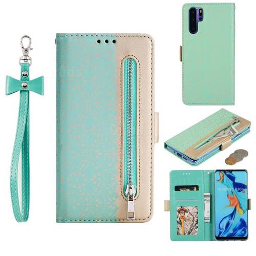 Luxury Lace Zipper Stitching Leather Phone Wallet Case for Huawei P30 Pro - Green