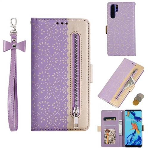 Luxury Lace Zipper Stitching Leather Phone Wallet Case for Huawei P30 Pro - Purple